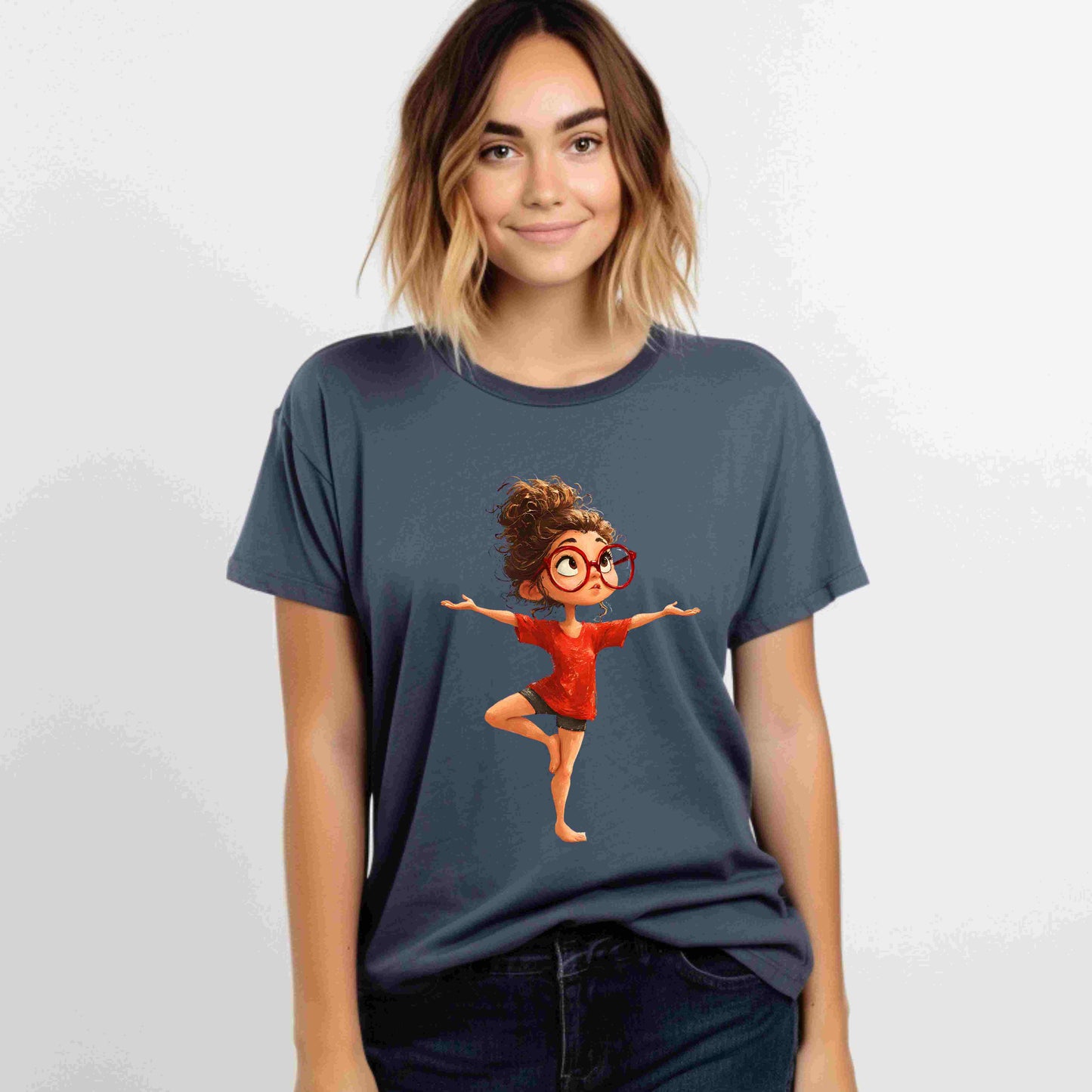 Five cute redhead girls in yoga poses wearing red shirts and glasses, digital PNG bundle for yoga, mindfulness, and sublimation projects