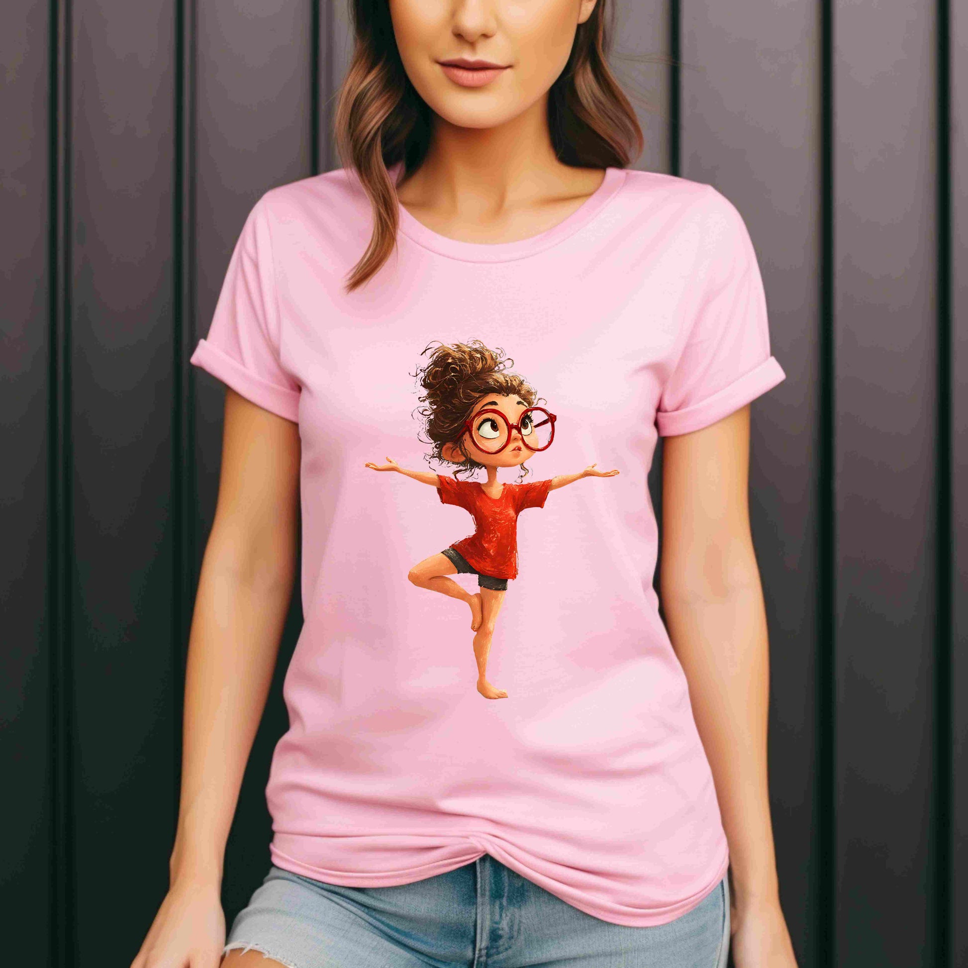 Cute redhead girl standing in yoga tree pose without mat, wearing red shirt and glasses, digital PNG for yoga clipart and mindfulness art