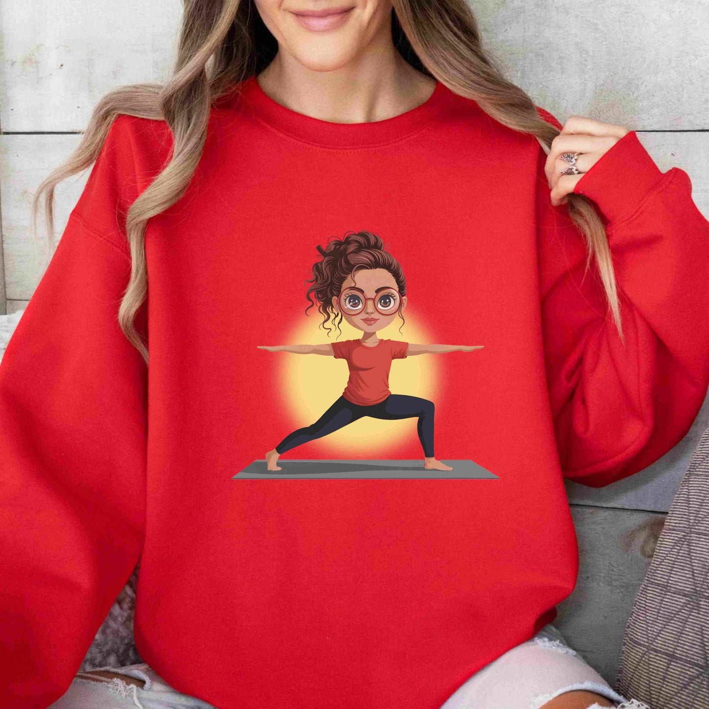 Five cute redhead girls in yoga poses wearing red shirts and glasses, digital PNG bundle for yoga, mindfulness, and sublimation projects