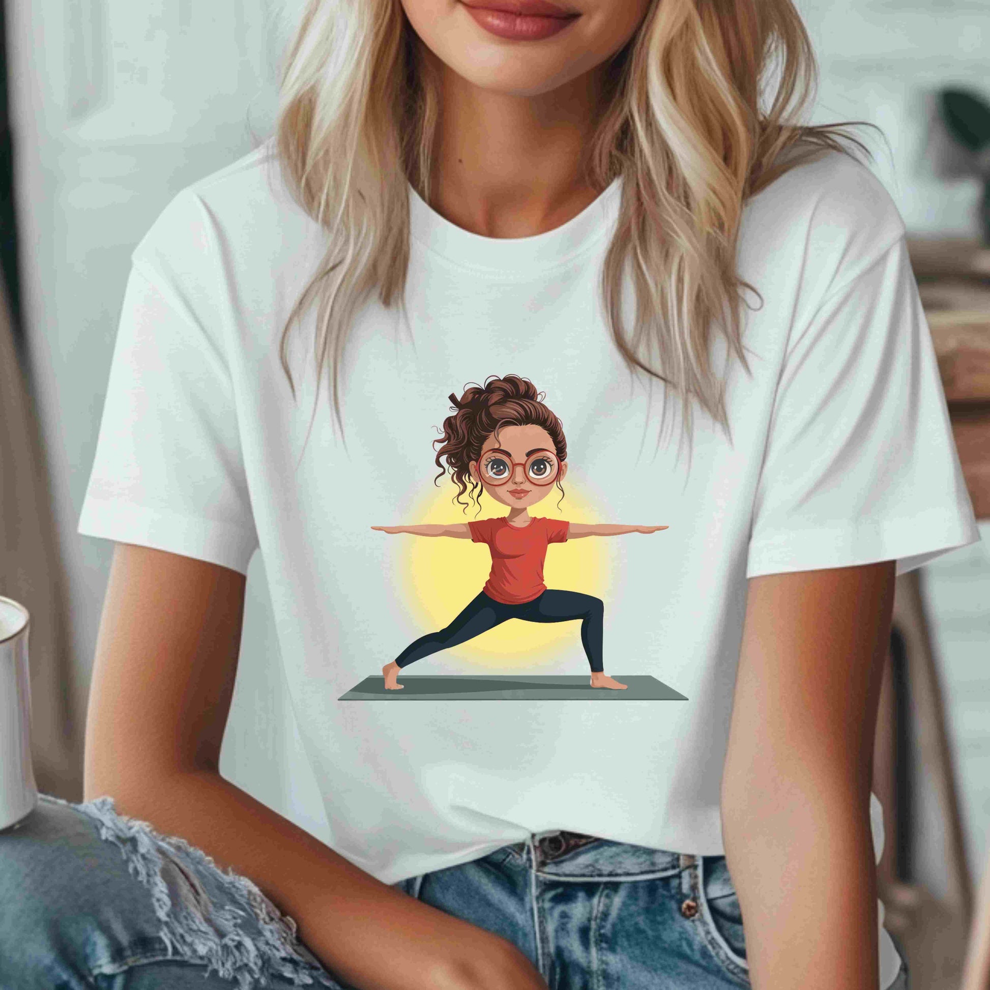 Cute redhead girl in warrior yoga pose wearing red shirt and glasses, digital PNG clipart for mindfulness, sublimation, and yoga decor