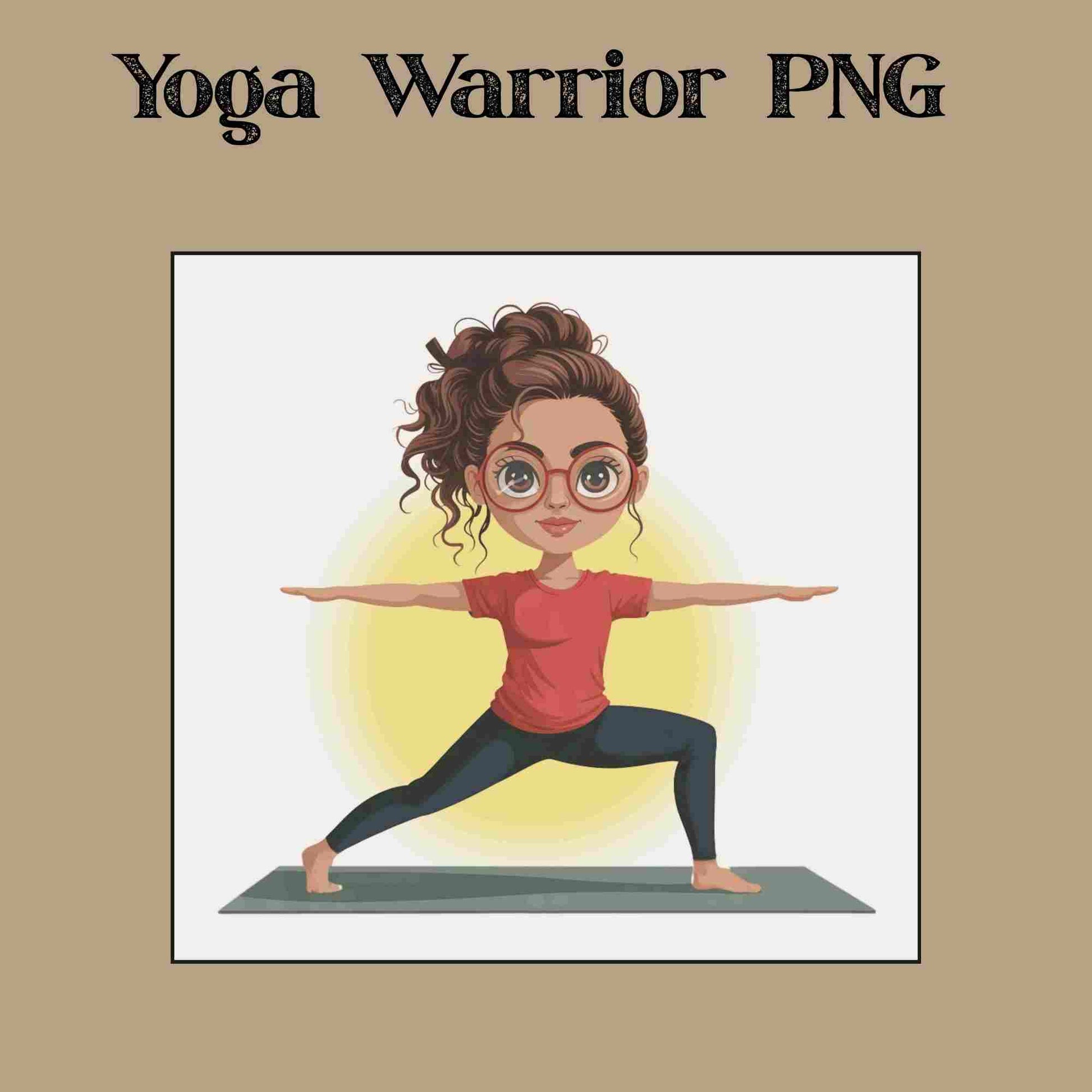 Cute redhead girl in warrior yoga pose wearing red shirt and glasses, digital PNG clipart for mindfulness, sublimation, and yoga decor