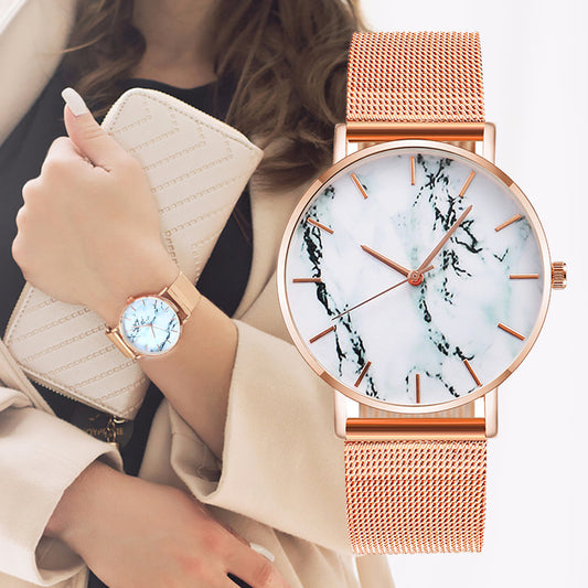 Fashion Rose Gold Mesh Band Marble Quartz Watch: Luxury Women's Timepiece